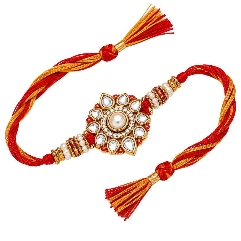 Kundan rakhi with red and gold threads